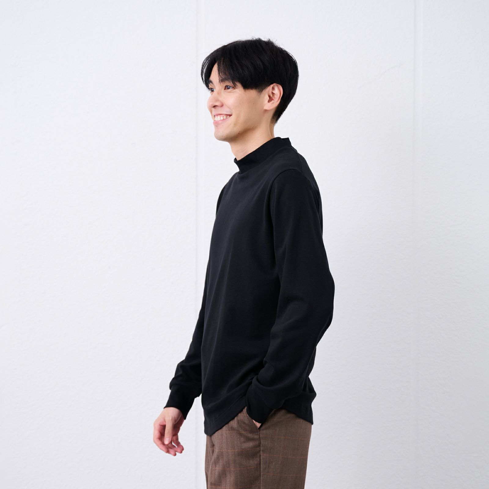コットン起毛モックネック長袖Tシャツ
