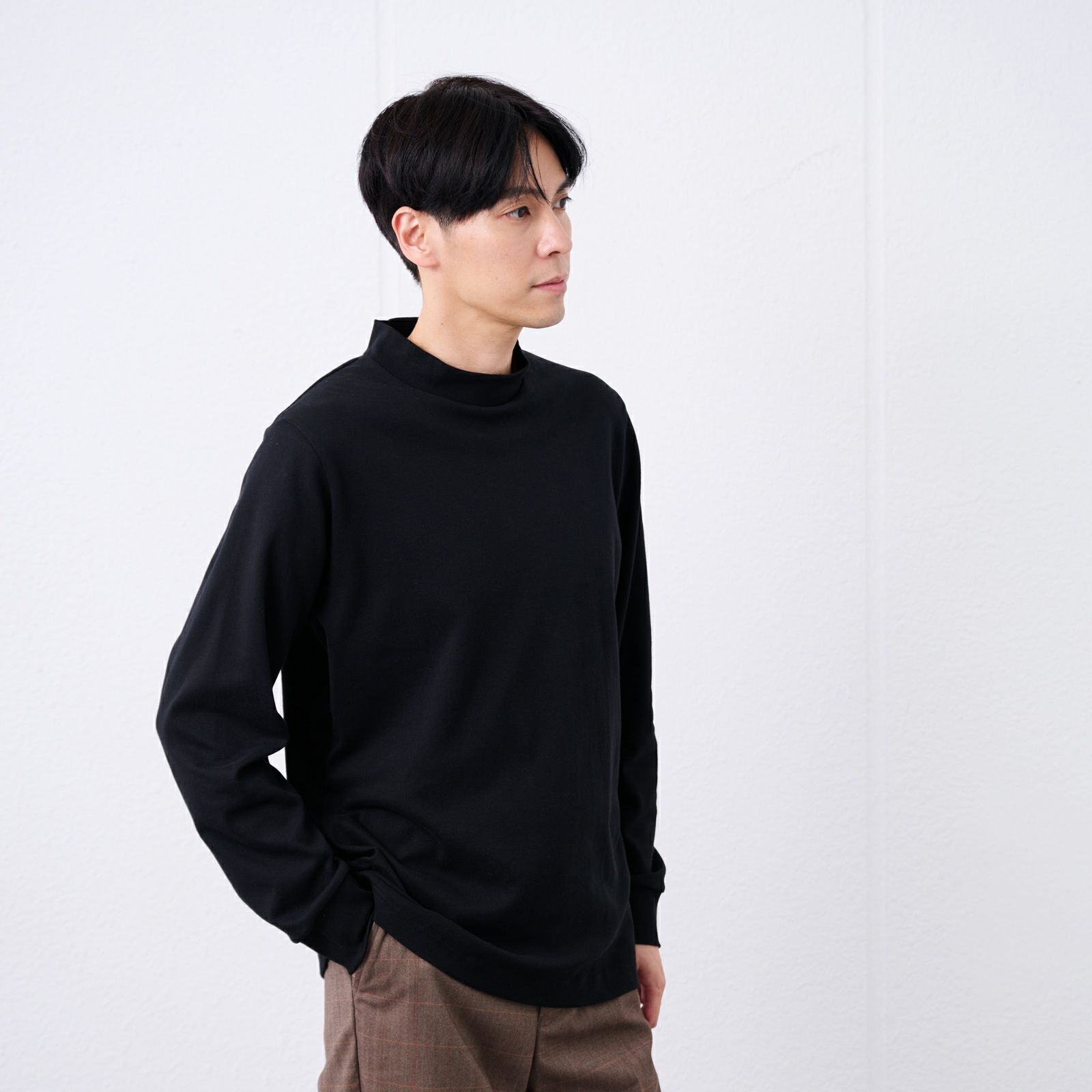 コットン起毛モックネック長袖Tシャツ