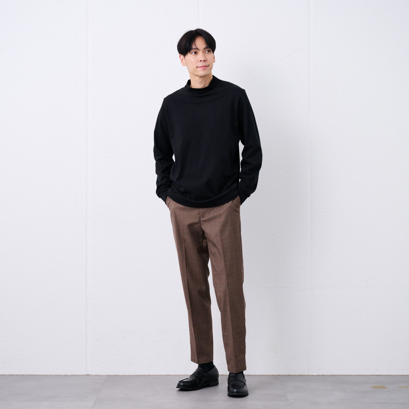 コットン起毛モックネック長袖Tシャツ