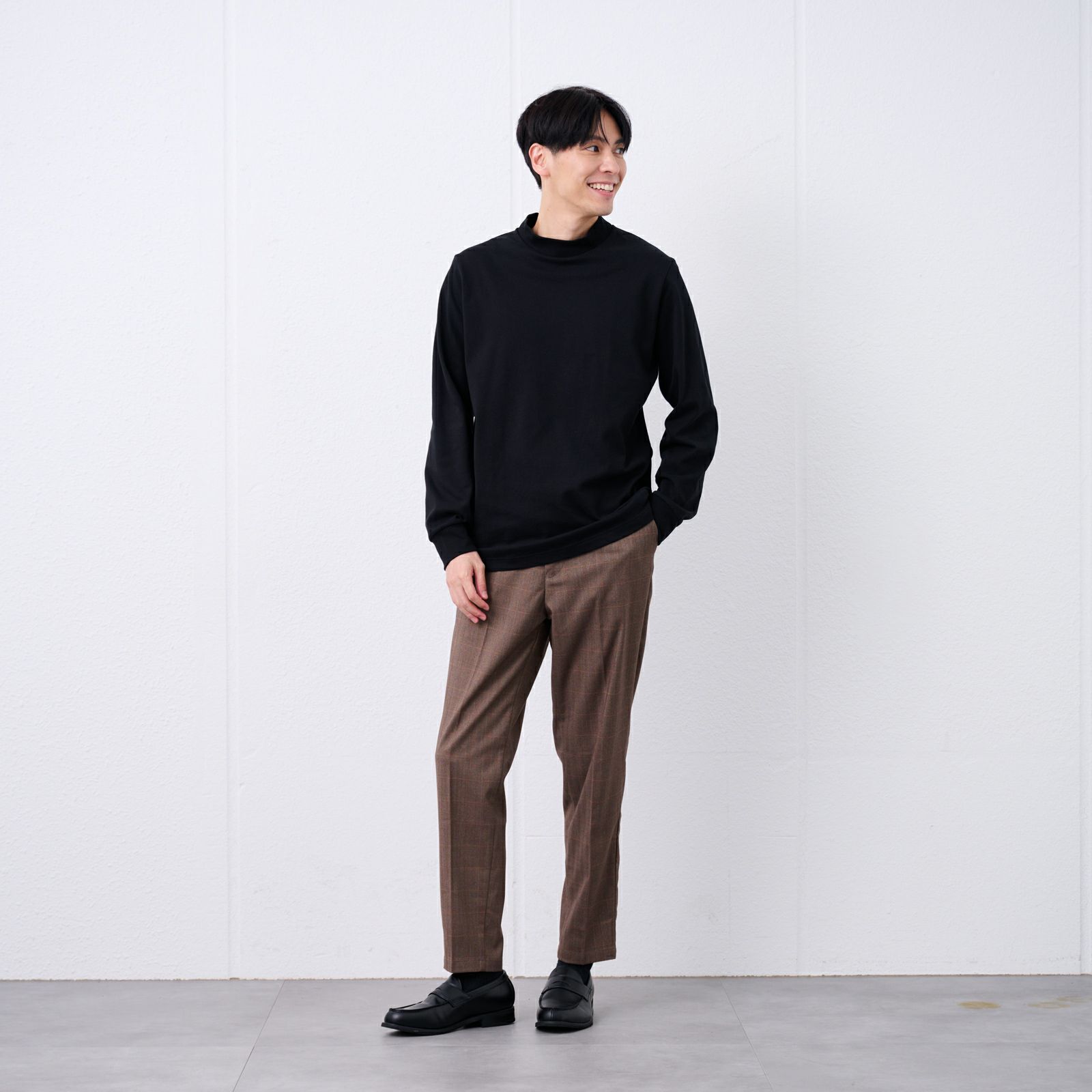 コットン起毛モックネック長袖Tシャツ