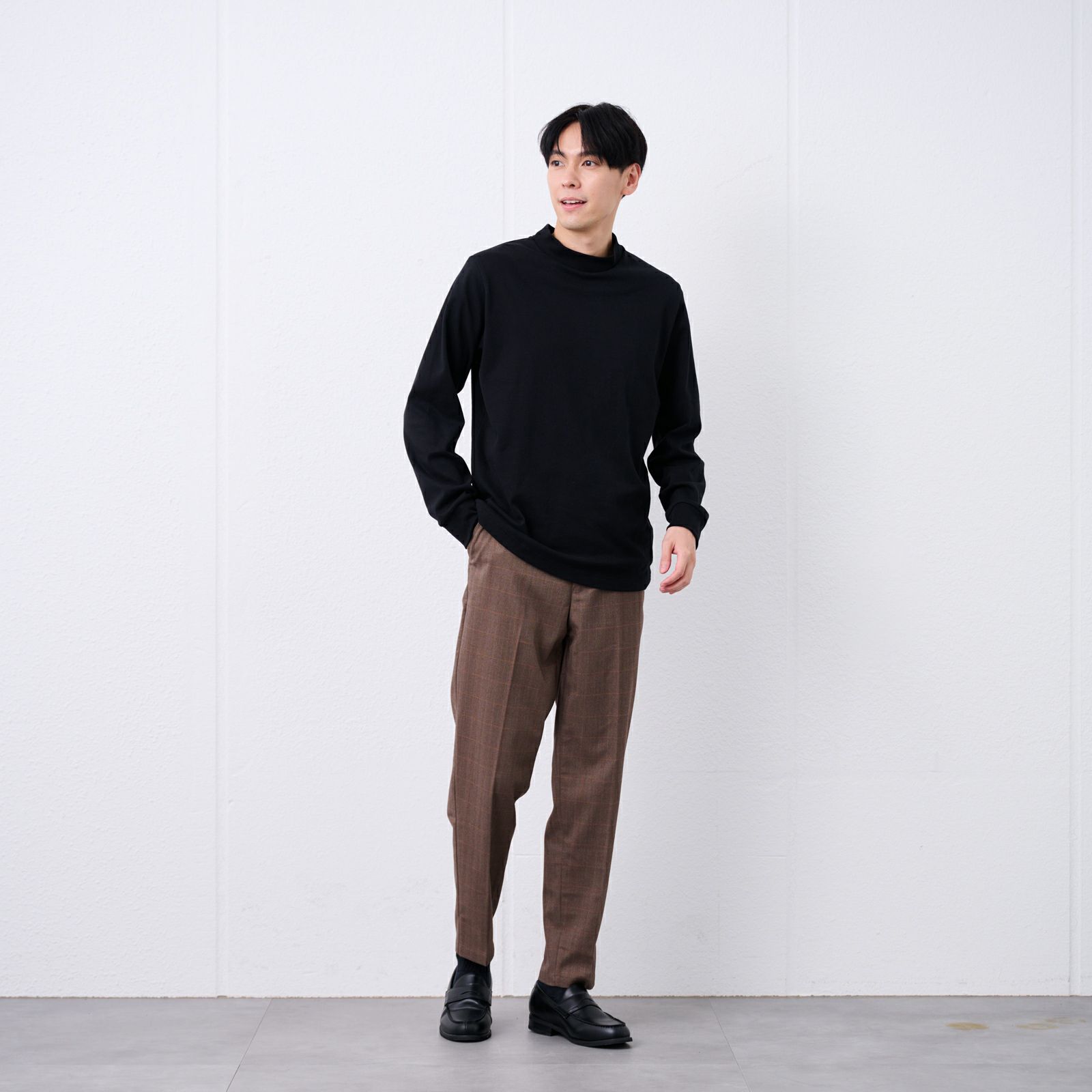 コットン起毛モックネック長袖Tシャツ