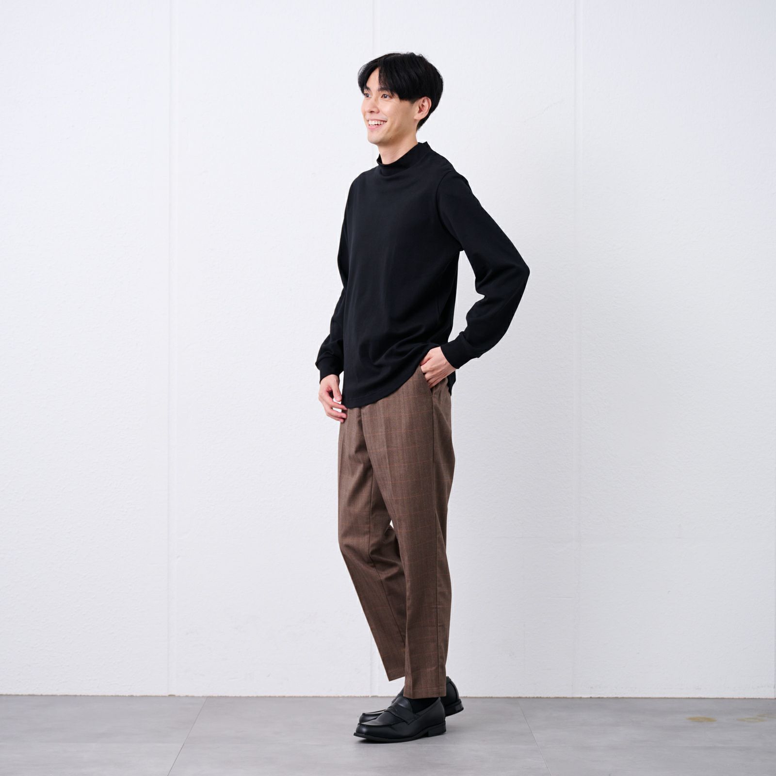 コットン起毛モックネック長袖Tシャツ