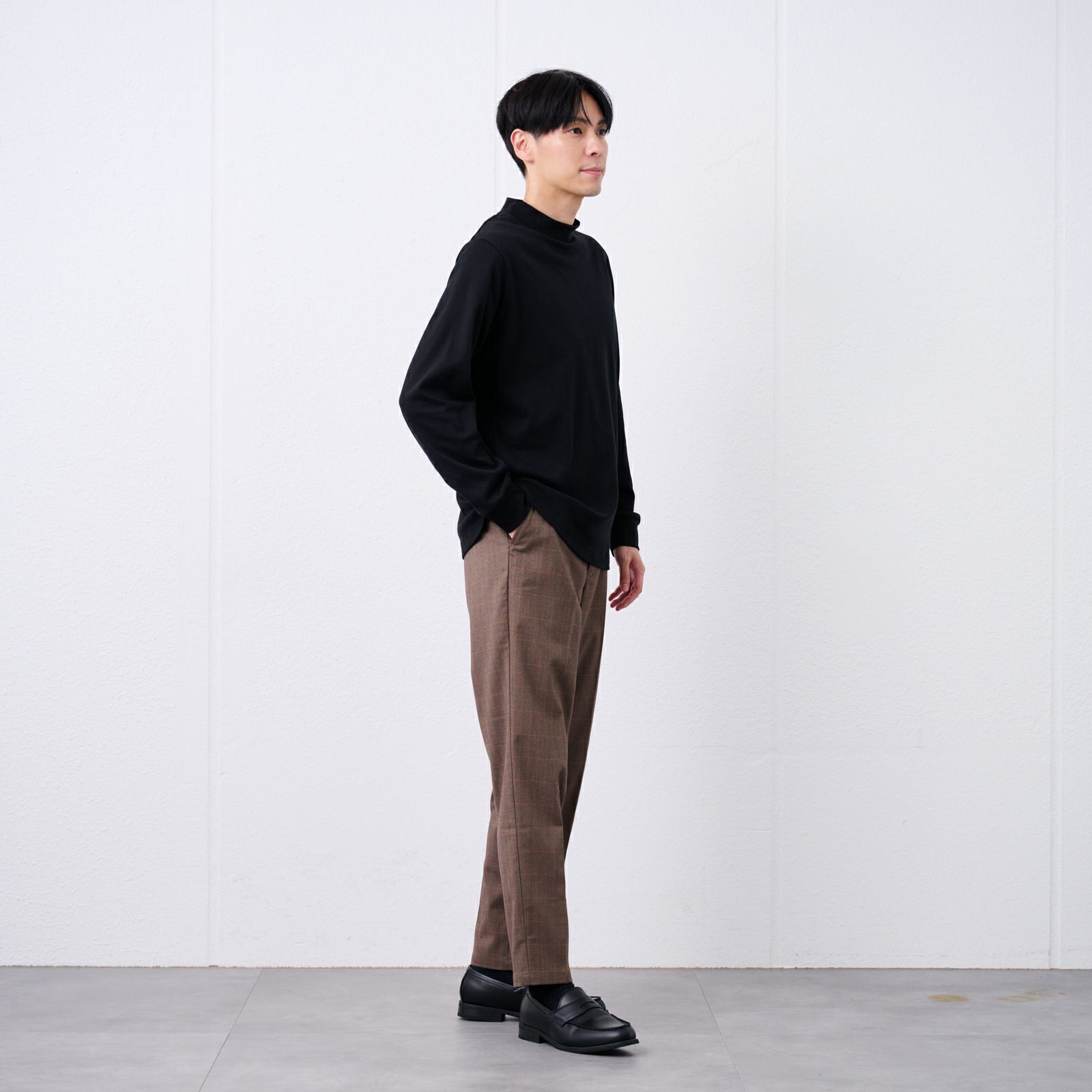 コットン起毛モックネック長袖Tシャツ