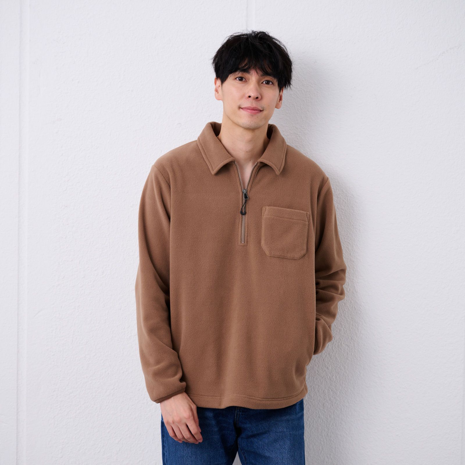 フリース　衿つきハーフジッププルオーバー