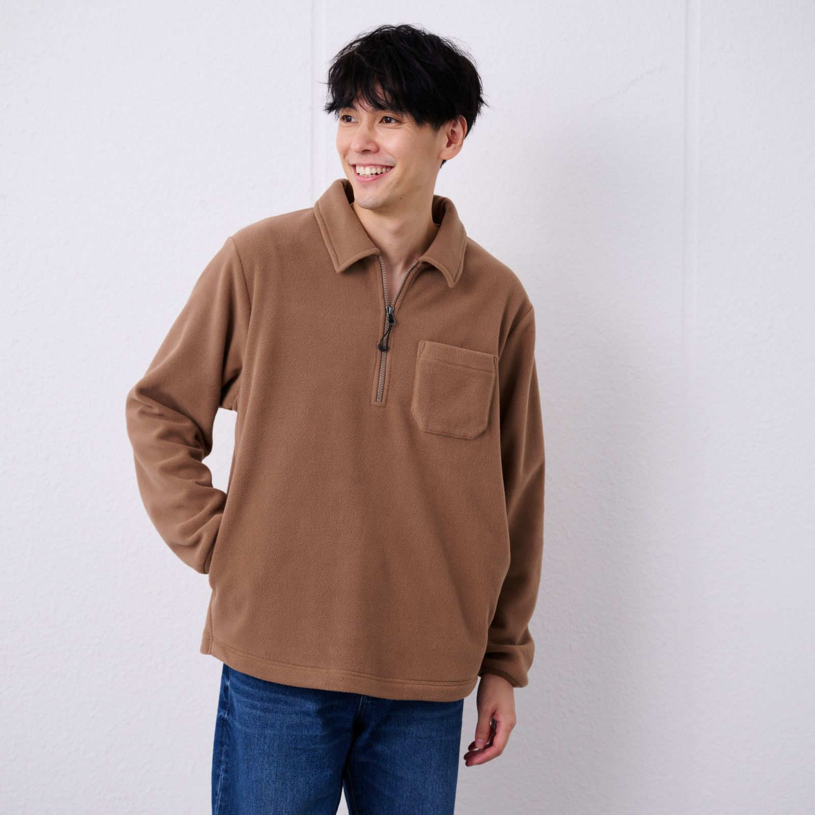 フリース　衿つきハーフジッププルオーバー
