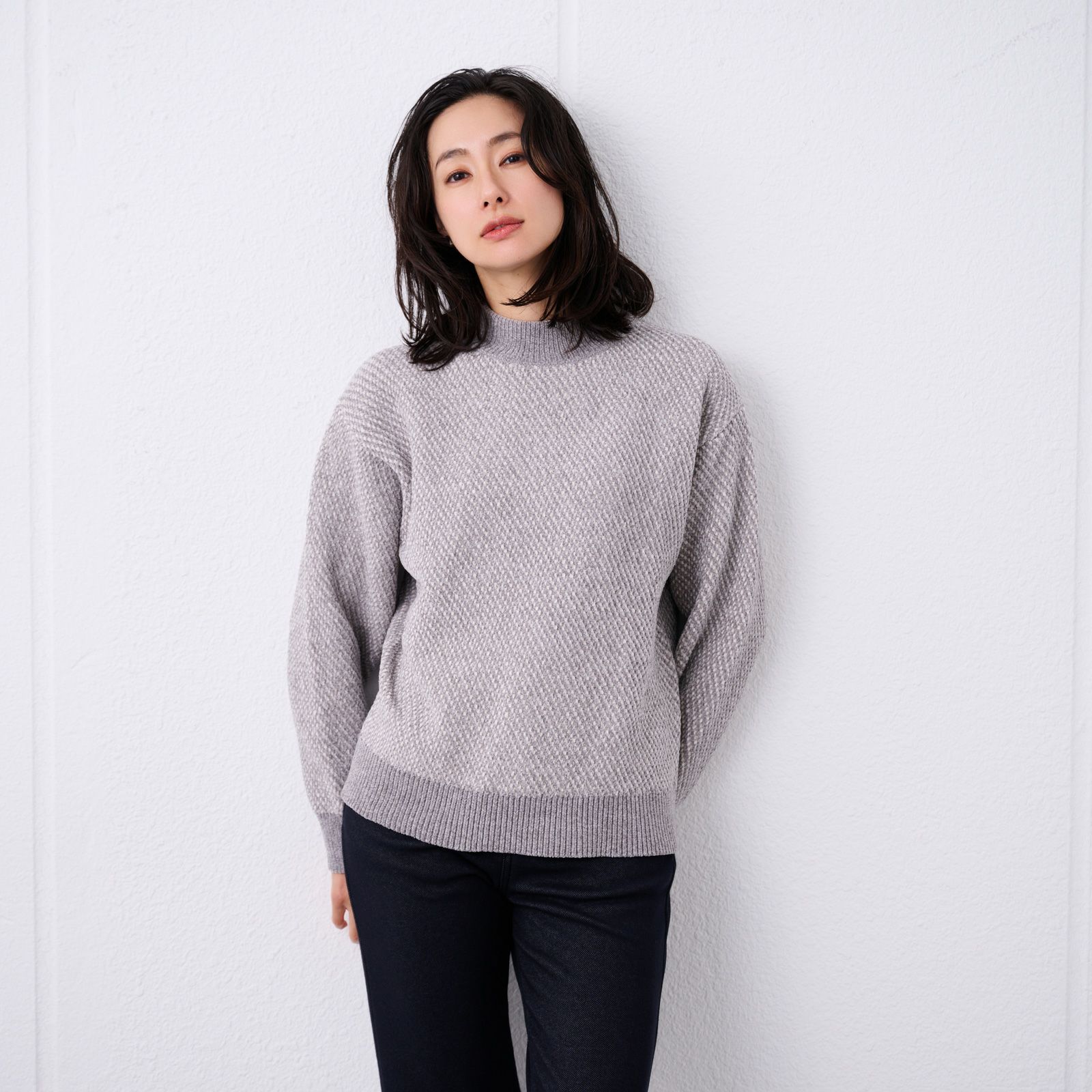 洗える　モールジャカードモックネックプルオーバー