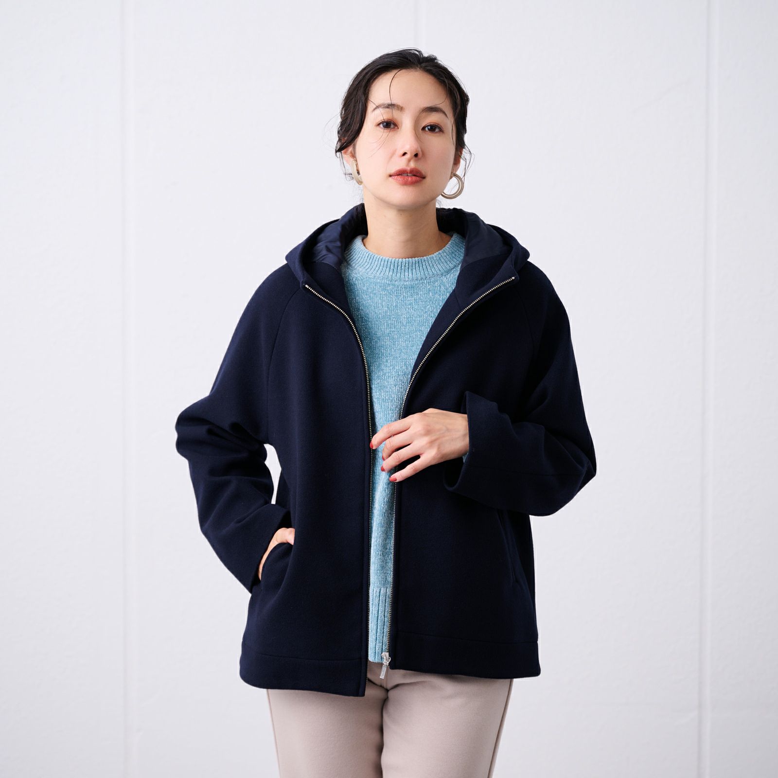 ウールライク　ショートフーデッドコート