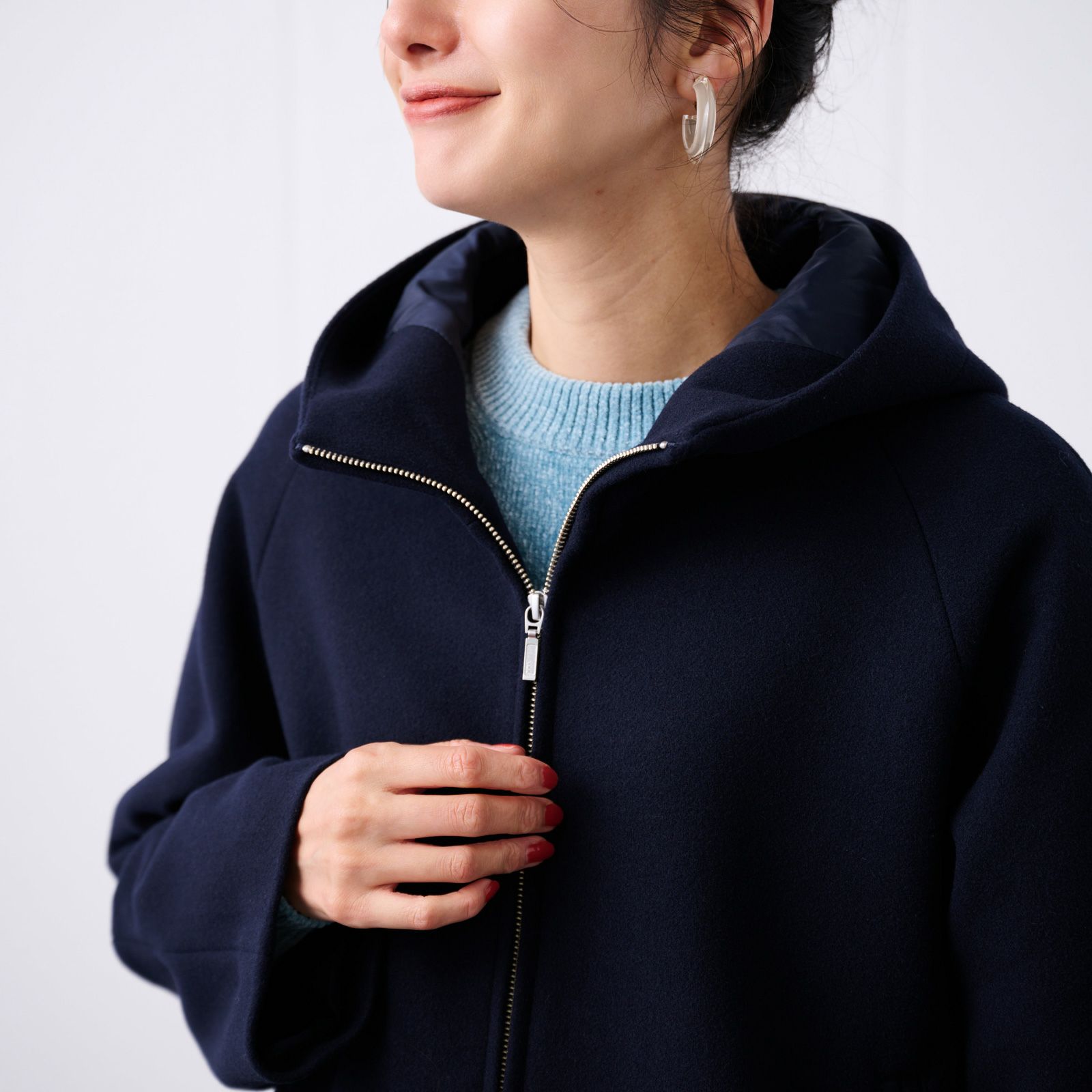 ウールライク　ショートフーデッドコート