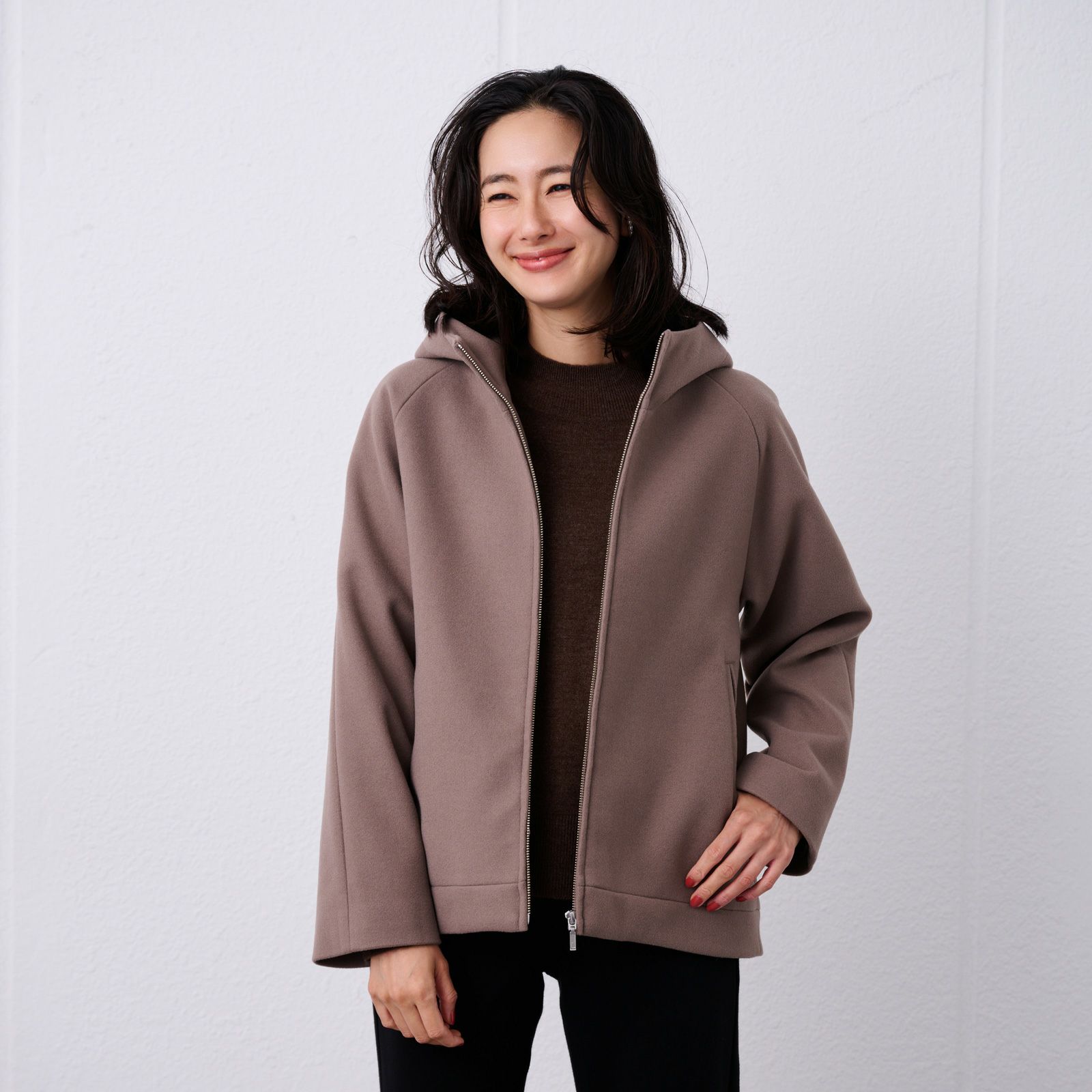 ウールライク　ショートフーデッドコート