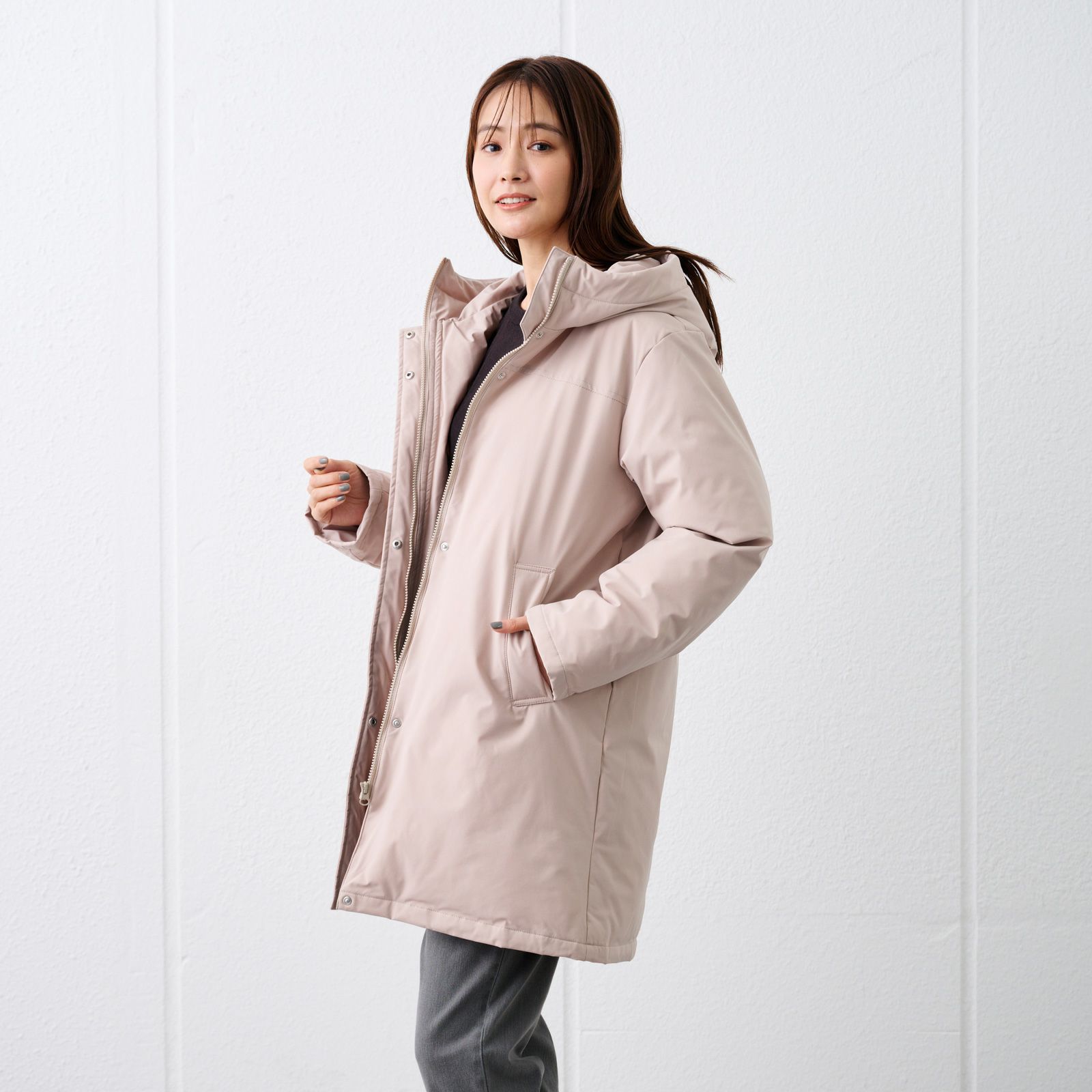 ピースフィットウォーム　保温中わたボリュームフードロングコート