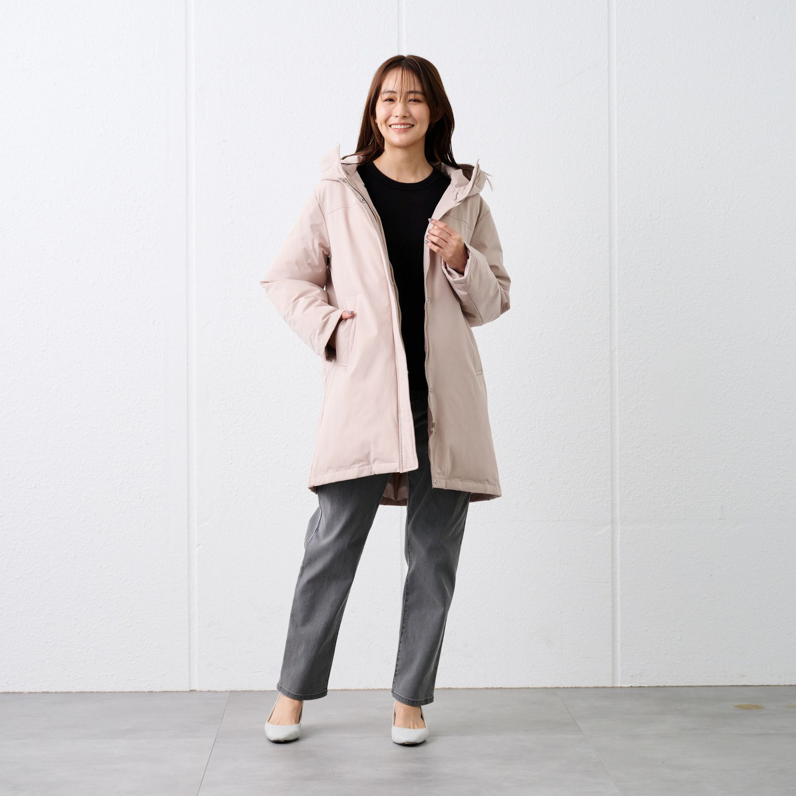 ピースフィットウォーム　保温中わたボリュームフードロングコート