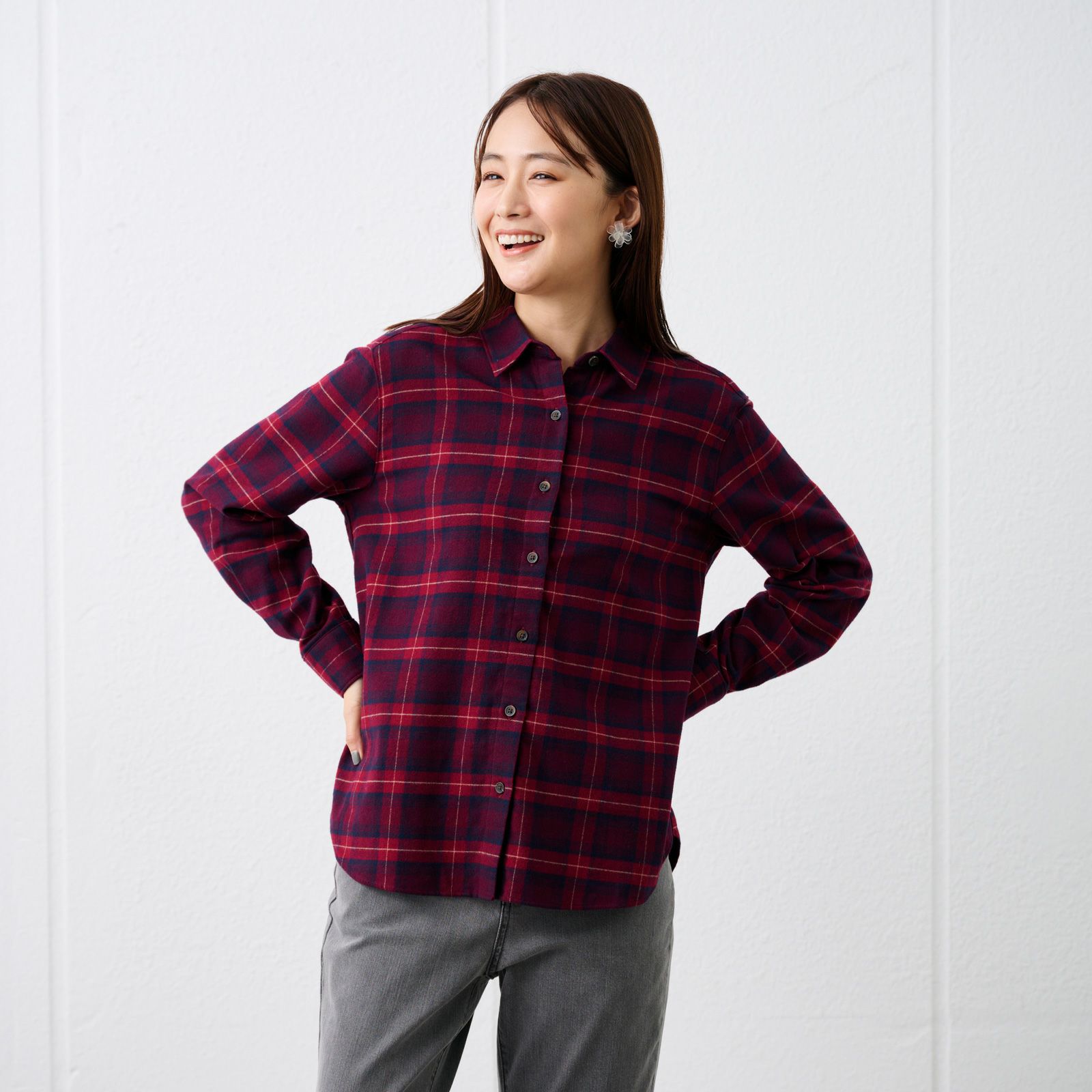 【てまラク】フランネル長袖レギュラーシャツ