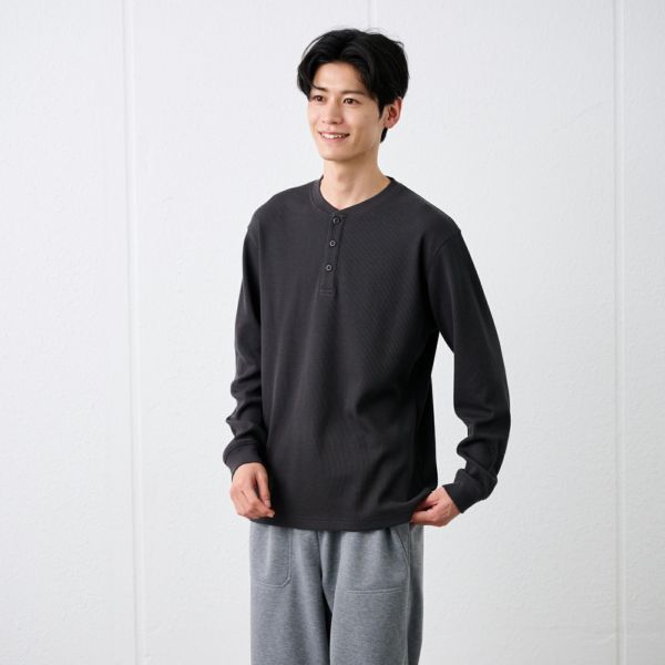 ワッフル　ヘンリーネック長袖Ｔシャツ
