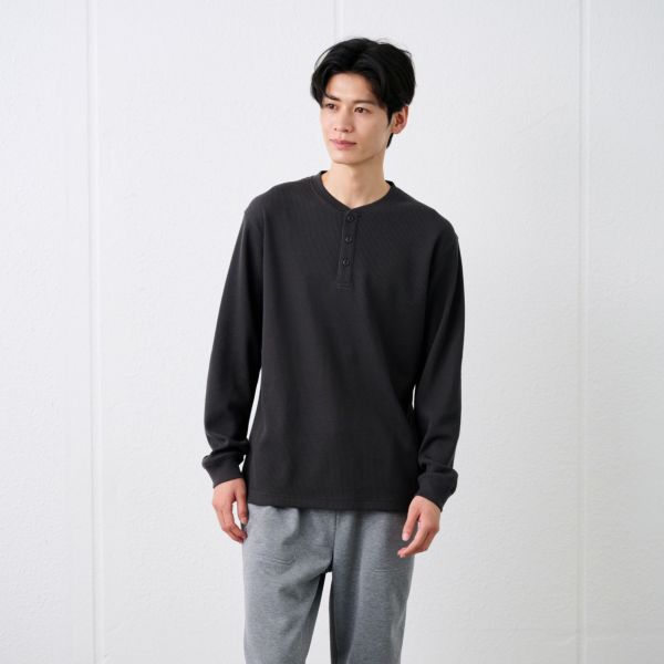 ワッフル　ヘンリーネック長袖Ｔシャツ