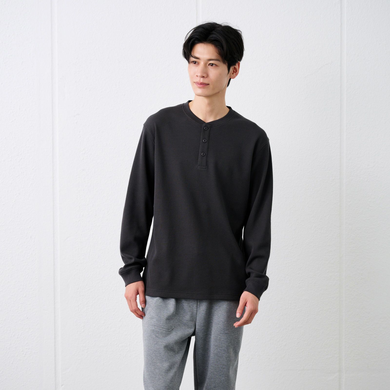 ワッフル　ヘンリーネック長袖Ｔシャツ