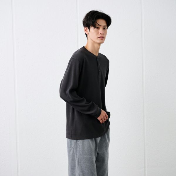ワッフル　ヘンリーネック長袖Ｔシャツ