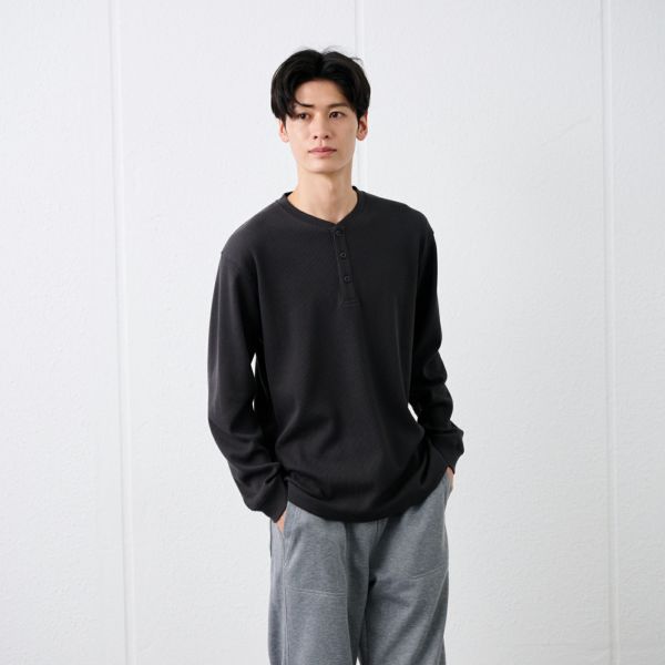 ワッフル　ヘンリーネック長袖Ｔシャツ